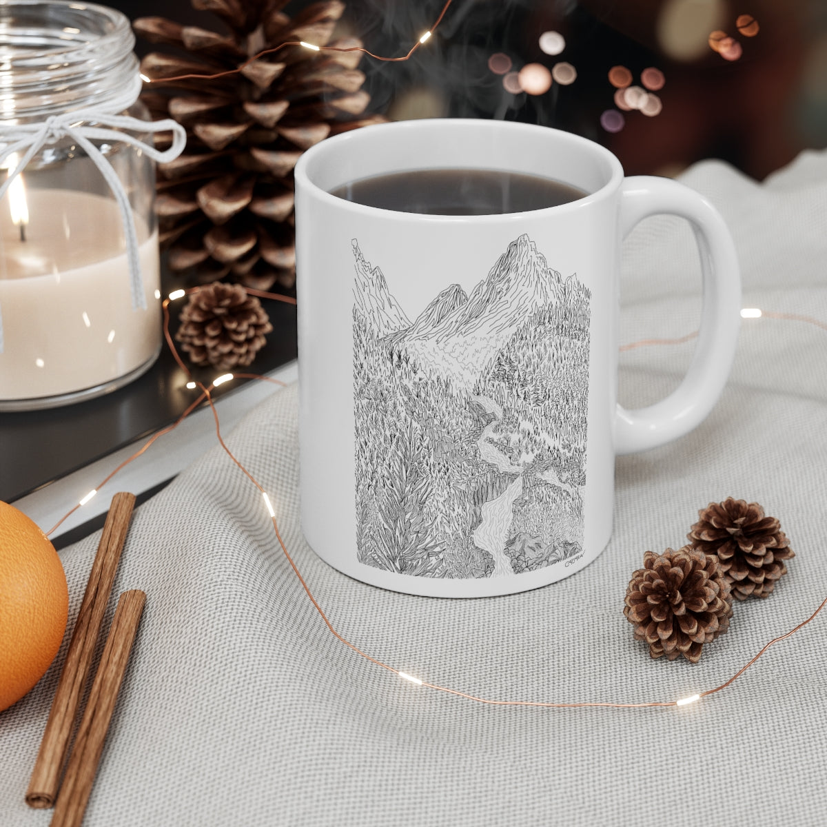 Cascading Mountain Stream Illustrated Coffee Mug